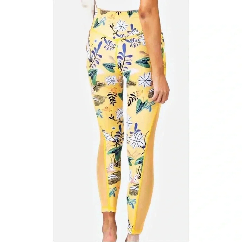 ZYIA ACTIVE Yellow Floral Light n Tight Hi-Rise 7/8 Size 2